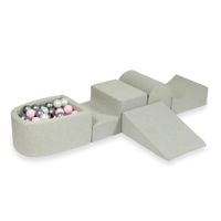 Piankowy plac zabaw z górką i z basenem micro jasnoszary + 100 piłek (perła, srebrne, jasny róż)