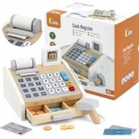 DREWNIANA KASA SKLEPOWA FISKALNA SKANER PIENIĄDZE KARTA ZABAWKA DZIECI VIGA