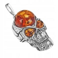 SREBRNY WISIOREK CZASZKA z oryginalny BURSZTYN srebro 925 DLA MĘŻCZYZNY