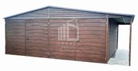 GARAŻ BLASZANY 6m x 5,8m poziom + wiata - dwuspad - 2x Brama + drzwi - drewnopodobny 6x5,8