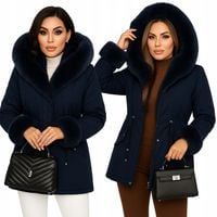 KURTKA ZIMOWA PŁASZCZYK PARKA FUTERKO DAMSKA GRANATOWA OCIEPLANA FUTRO