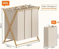 DREWNIANY BAMBUSOWY KOSZ NA PRANIE 3 KOSZE TRZY KOMOROWY 150L ZCE1