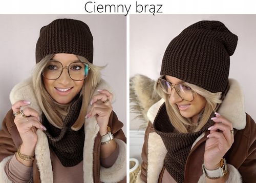 CIEPŁY KOMPLET CZAPKA + KOMIN damski POLSKI zimowy szal CIEMNA na Arena.pl