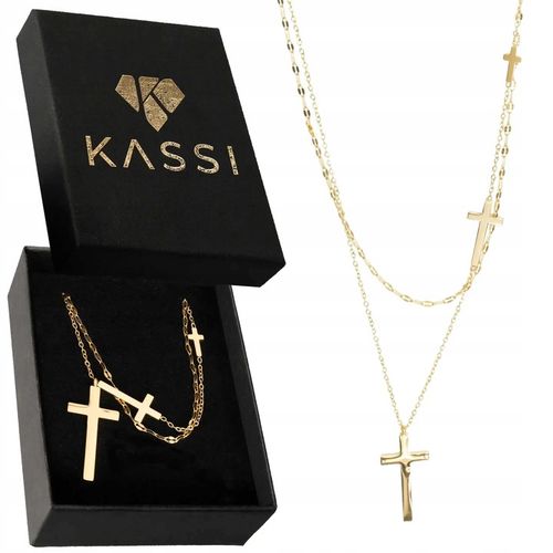 Pozłacany Naszyjnik Damski ze Stali Szlachetnej Wielowarstwowy z Krzyżykami na Arena.pl