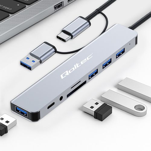 Qoltec Hub Adapter 8w1 USB-C/USB |USB-C  4xUSB  SD/TF card  JACK 3.5mm TRRS na Arena.pl
