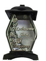 Znicz szklany kapliczka czarna z srebrną różą "Kochanemu Tacie"