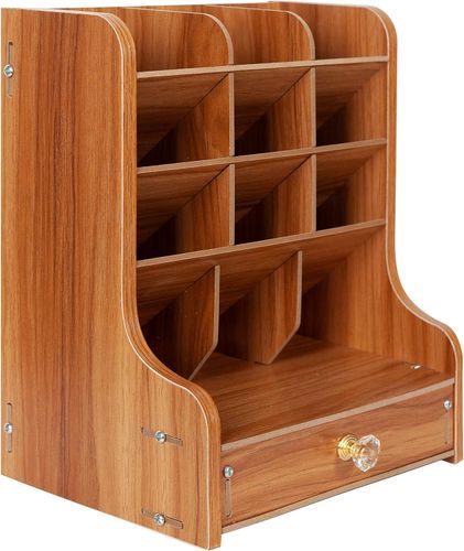 Drewniany Organizer na Biurko Przybornik z Szufladą 20x15x25 cm Naturalny na Arena.pl