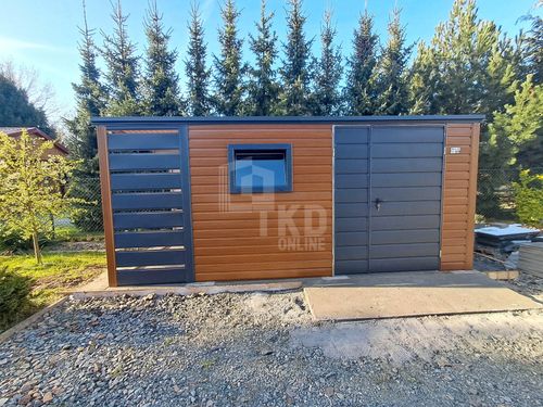 Schowek - domek ogrodowy 4x2,5m + wiata 1m  brama dwuskrzydłowa dach TKD390 na Arena.pl