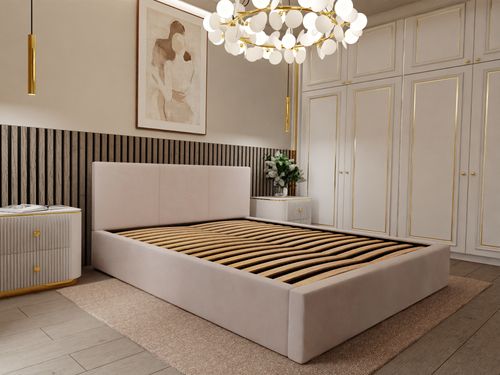 ŁÓŻKO TAPICEROWANE DO SYPIALNI 140x200 ŁÓŻKO PODWÓJNE Z POJEMNIKIEM KREMOWE na Arena.pl