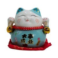 Ceramiczny Kot Szczęścia Skarbonka Maneki Neko Niebieski na Poduszce Spokój