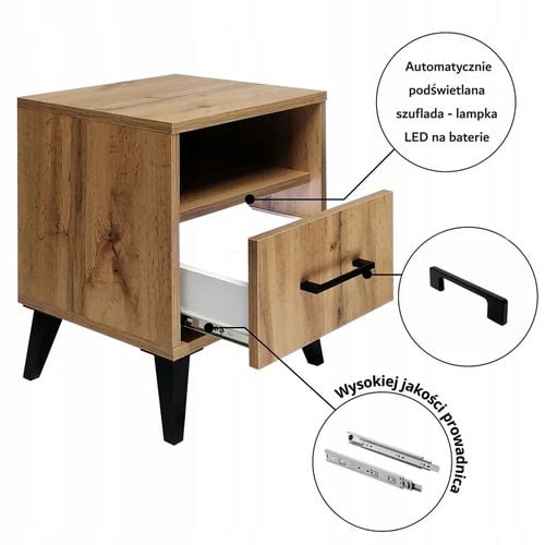 Stolik Nocny z Szufladą Oświetlenie LED Szafka Nocna złożona Loft DĄB na Arena.pl