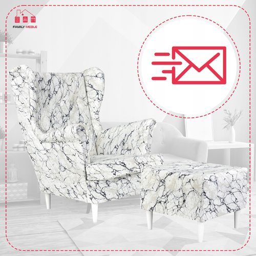 Fotel uszak ARI PRINT z podnóżkiem, skandynawski  marmurek na Arena.pl