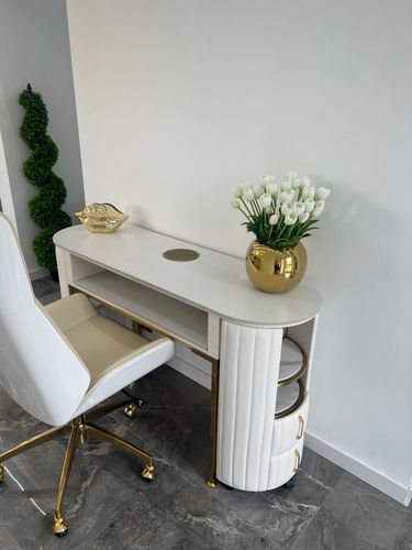 Biurko kosmetyczne z otworem na pochłaniacz biało-złote 140 x 45 x 78 na Arena.pl