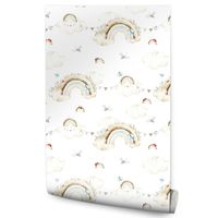 Tapeta Dla Dzieci TĘCZE Pastelowe Chmury Styl Skandynawski Motyle