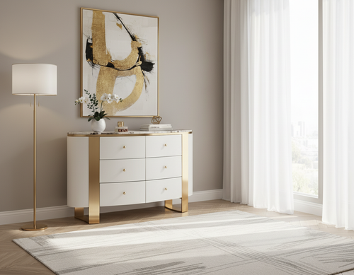 Komoda biała Sofia na złotych nogach z kamiennym blatem 140x40x85 na Arena.pl