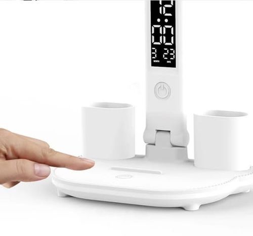 Lampka LED biurkowa z wentylatorem zegarem i wyświetlaczem 7w1 biała na Arena.pl