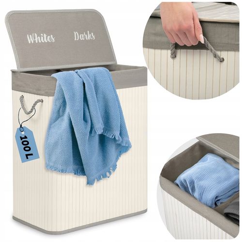 BAMBUSOWY KOSZ NA PRANIE BIELIZNĘ DUŻY POJEMNIK Z POKRYWĄ 2 KOMORY 100L na Arena.pl