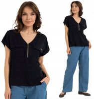 Damska Bluzka Wiskozowa Dekolt V Luźny Krój Zamek Kieszenie MORAJ CZARNA XL