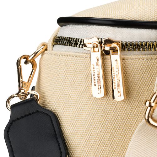 saszetka damska w kolorze ecru z czarnymi elementami, wykonana z materiału na Arena.pl