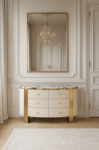 Komoda biała Sofia na złotych nogach z kamiennym blatem 140x40x85 na Arena.pl