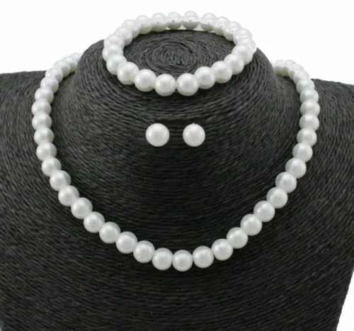 KOMPLET 3 CŻĘŚCIOWY ELEGANCKI BIAŁE PERŁY 8 mm na Arena.pl