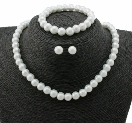 KOMPLET 3 CŻĘŚCIOWY ELEGANCKI BIAŁE PERŁY 8 mm zdjęcie 1