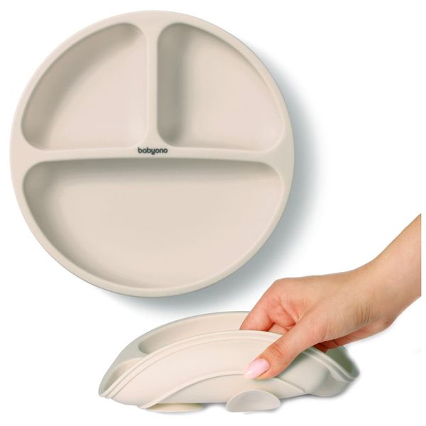 BABYONO SILIKONOWY TALERZYK Z PRZYSSAWKĄ 3 PRZEGRÓDKI BEŻOWY zdjęcie 1