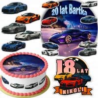 ZESTAW OPŁATEK NA TORT 20CM + 16 POSTACI - SUPER AUTA + IMIĘ 15CM 18CM