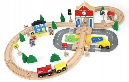 DREWNIANA KOLEJKA TOR WAGONY POCIĄG Budynki Ciuchcia Lokomotywa Zestaw na Arena.pl