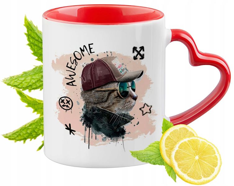 Kot Kotki Kubek Czerwony Z Uszkiem W Kształcie Serca Na Prezent zdjęcie 1