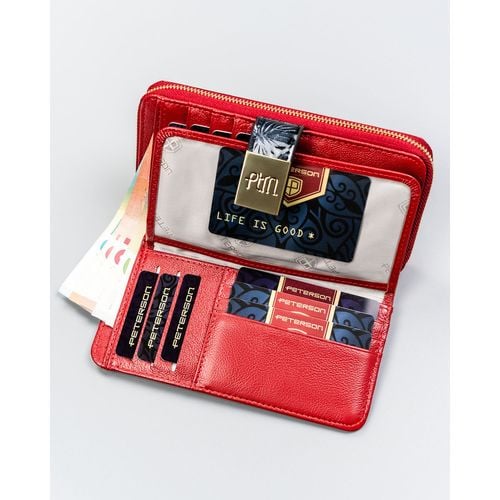 lakierowany, duży portfel-piórnik damski ze skóry naturalnej w czerwonym na Arena.pl