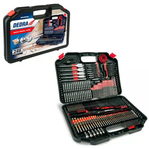 ZESTAW WIERTEŁ, KOŃCÓWEK WKRĘTAKOWYCH, BITÓW DEDRA 18A11S246 246SZT. DO DREWNA, METALU, BETONU, OTWORNICE DO DREWNA, NAWIERTAK, PORĘCZNA WALIZKA zdjęcie 1