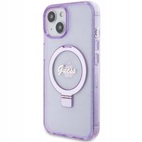 Etui Guess do iPhone 15 Plus Ring Stand Script Glitter MagSafe fioletowy