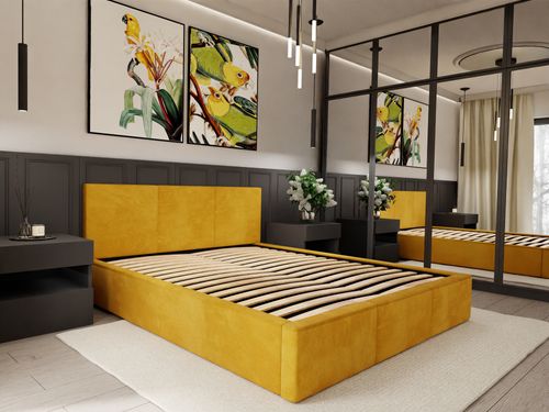 ŁÓŻKO TAPICEROWANE DO SYPIALNI 140x200 ŁÓŻKO PODWÓJNE Z POJEMNIKIEM ŻÓŁTE na Arena.pl