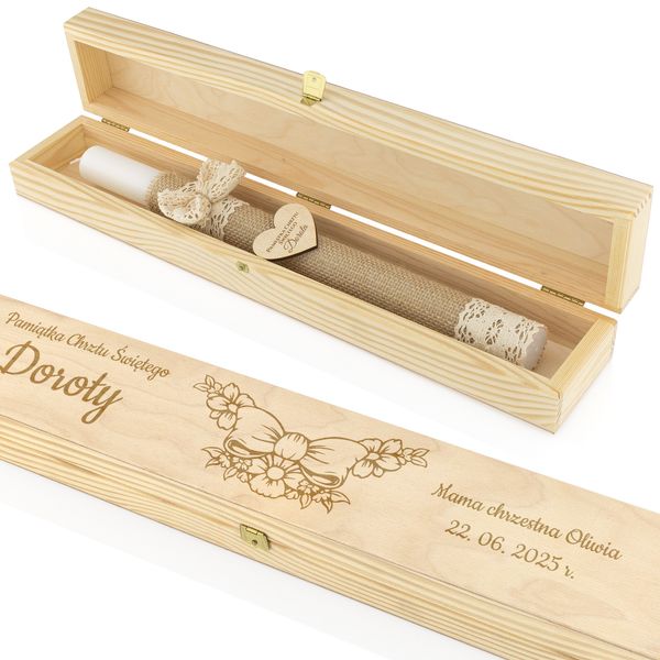 ZDOBIONA ŚWIECA do chrztu w drewnianym PUDEŁKU Z GRAWEREM pamiątka chrztu zdjęcie 2