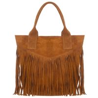 VERA PELLE torebka damska zamszowa shopper boho z frędzlami V650 camel