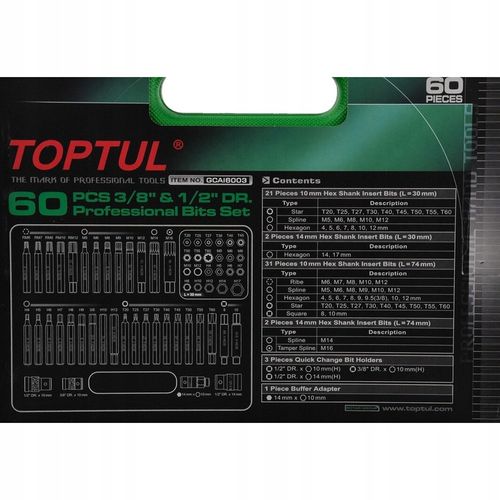 ZESTAW BITÓW KOŃCÓWEK TORX IMBUS SPLINE RIBE SQ 60 EL TOPTUL GCAI6003 na Arena.pl