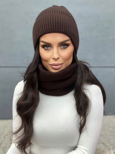 KOMPLET DAMSKI CZAPKA BEANIE KOMIN GOLF TUBA DUŻY ZESTAW BRĄZOWY na Arena.pl