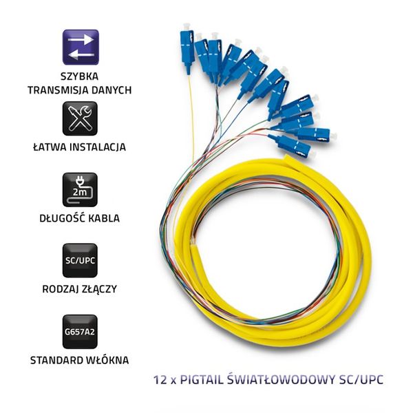 Qoltec 12 x Pigtail światłowodowy SC/UPC | Singlemode | G657A2 | 2m zdjęcie 4