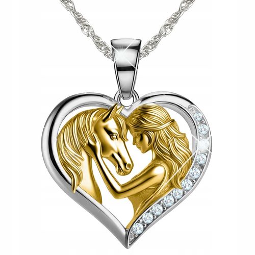 Naszyjnik Srebrny Serce Dziewczynka z Koniem Złoty Koń Cyrkonie SREBRO 925 na Arena.pl