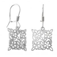 SREBRNE KOLCZYKI KWADRATY AŻUROWE KWIATY Z CYRKONIAMI SREBRO PRÓBY 925