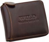 Skórzany PORTFEL Męski Zamek Suwak Skóra WILD Brązowy Solidny Duży