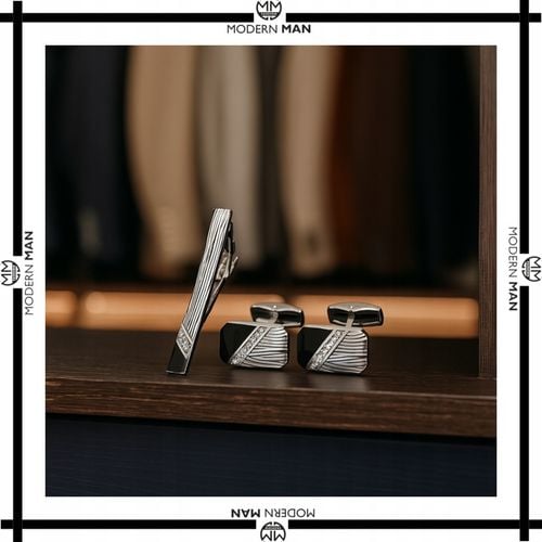 ZESTAW SPINKI DO MANKIETOW I KRAWATA SREBRNO CZARNE ELEGANCKI DLA MEZCZYZNY na Arena.pl