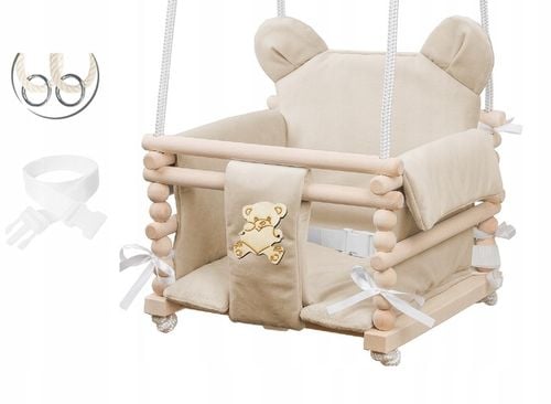 Huśtawka dla dziecka 3w1 z drewna z oparciem 6m+ do domu ogrodu Beżowa na Arena.pl