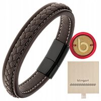 Bransoletka męska skórzana brązowa pleciona z grawerem stal 316L BLINGART