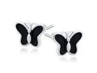 DELIKATNE RODOWANE SREBRNE KOLCZYKI MOTYLKI WKRĘTKI CZARNA EMALIA