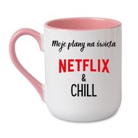 KUBEK "MOJE PLANY NA ŚWIĘTA? NETFLIX & CHILL" Wzór - Elegant Coffee Różowy 330 ml