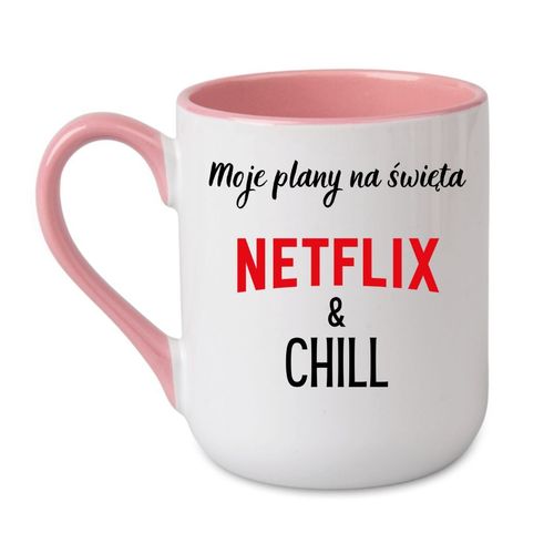 KUBEK "MOJE PLANY NA ŚWIĘTA? NETFLIX & CHILL" Wzór - Elegant Coffee Różowy 330 ml na Arena.pl