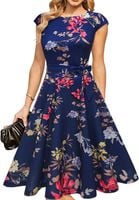 Sukienka Wizytowa Koktajlowa Vintage Retro Elegancka Granatowa w Kwiaty 2XL