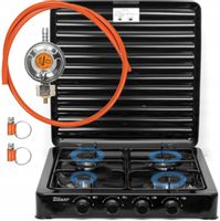 KUCHENKA GAZOWA 4 PALNIKI ŻELIWO PRZENOŚNA CZARNA + WĄŻ REDUKTOR